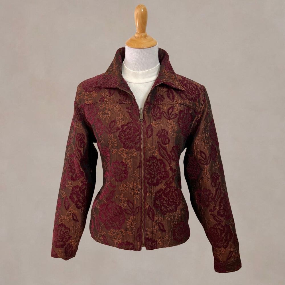 Vintage 90s Coldwater Creek Reversible Floral Brocade Chenille Jacket Burgundy M